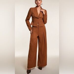 SHEIN Brown Pinstripe Wide Leg Pantsuit